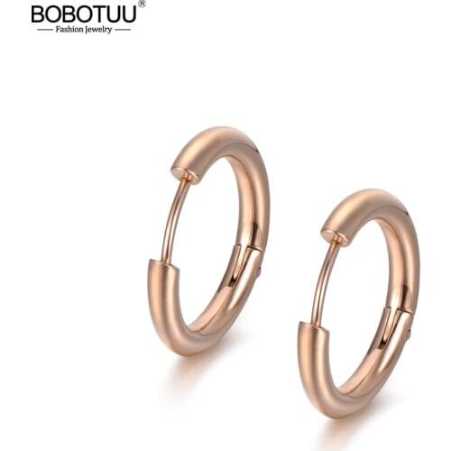 BOBOTUU Classic Titanium Steel Hoop Earrings Jewelry Simple Rose Gold Color Engagement Earrings For Women Oorbellen BE18029