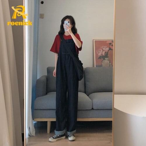 ROENICK Women 2021 New Vintage Dark Loose Denim Jumpsuits Spring-Summer Wild Wide-Leg Jeans Pocket Straight Trousers Overalls