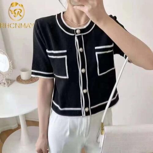 Summer Pearl Buttons Knitted Cardigan Women Korean Style Fashion Patchwork O-Neck Button Up Straight Thin Woman Sweater Tops