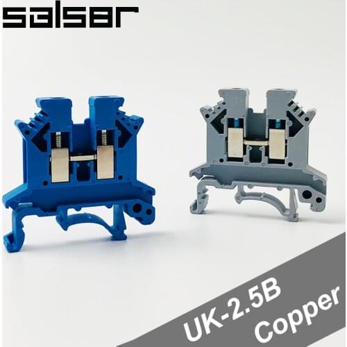 100PCS) Terminal blocks UK-2.5B Universal DIN Rail Mounted lug plate Wiring row connection copper parts Blue/Gray 2.5mm2