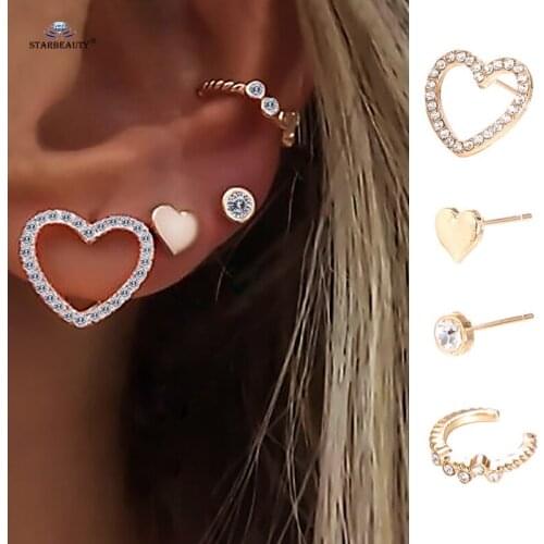 4pcs/lot New White Bijoux Heart Ear Piercing Helix Piercing Tragus Nose Ring Fake Piercing Cuff Earrings Set Pircing Ear Jewelry