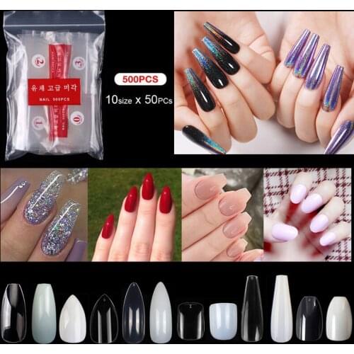 500Pcs/bag Full Cover Fake Nails Long/Short Acrylic False nail art tips 10 sizes full cover half cover artificial press on nails