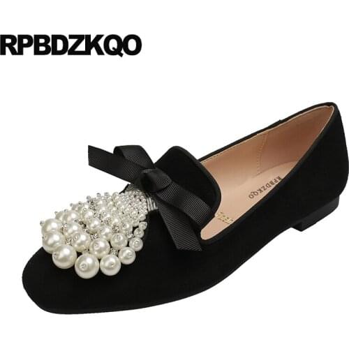 Flats Crystal Diamond Wedding Ballet Shoes Bowtie Ballerina Rhinestone Black Loafers Women British Style Suede Pearl Square Toe