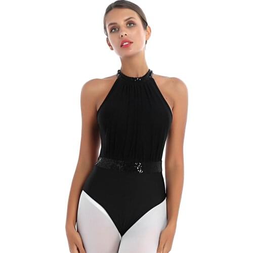 Adults Ballet Leotard Sleeveless Dance Wear Women Halter Bodysuit Sequin Waist Ice Skating Leotards Contemporary Dance Costume