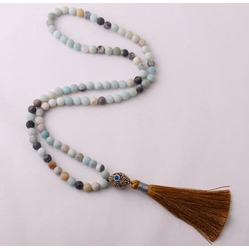 Free Shipping Amazonite Stones Bohemian Tribal Jewelry Oval Evil Eye Crystal Ball Tassel Necklace