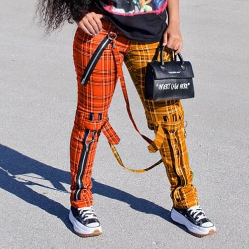 Yiallen Patchwork Metal Vintage Plaid Punk Trousers Ribbons Women Contrast Color Fitness Pants Streetwear Stylish Lady Capris