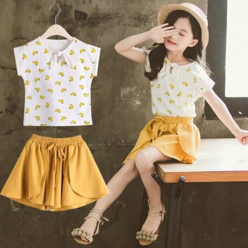 ChildrenS Clothing Girls Short-Sleeved Suit Summer New Big Kids Korean Version Of Banana Print ChildrenS Shorts Two Piece Sets