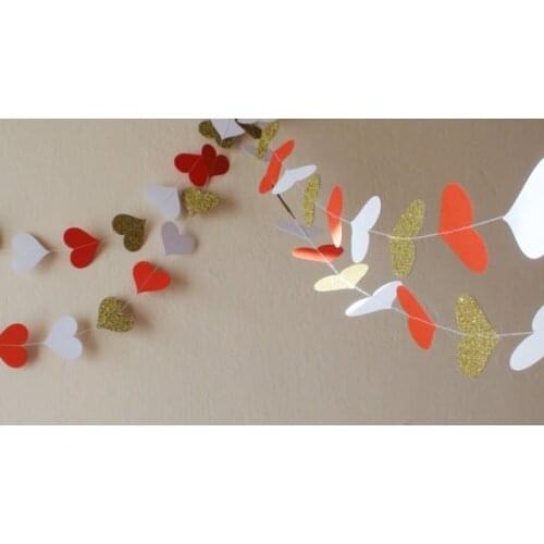 Valentine Garland, Red White Gold glitter paper heart 10ft banners, Wedding nursery decor bridal shower banners