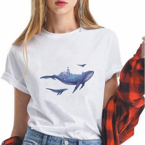 Lighthouse Whale Print T Shirts Trendy Popular Female Clothes Tops Hipster Creative Minimalism Oversize T-shirts Women