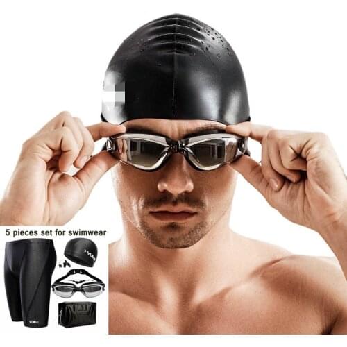 5 Pieces Set Men Swimwear Knee Pants Quickdry Swimming Trunks Mens Waterproof Bathing Suit Shark Skin Swim Cap Goggles Set 5XL