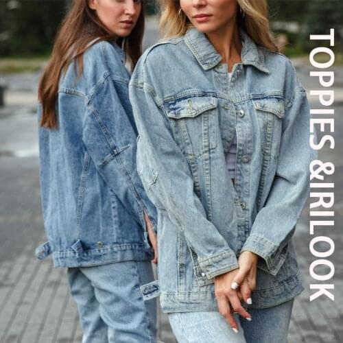 Toppies 2021 Women Denim Jacket Loose Casual Blue Coats Female Outwear Vintage Jacket Long Sleeve Turn-down Collar Top
