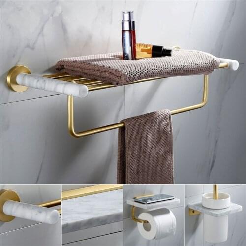 Bathroom Accessories Set Brushed gold Toilet Brush Holder,Corner Shelf Paper Holder,Towel Holder Marble bathroom Hardware set