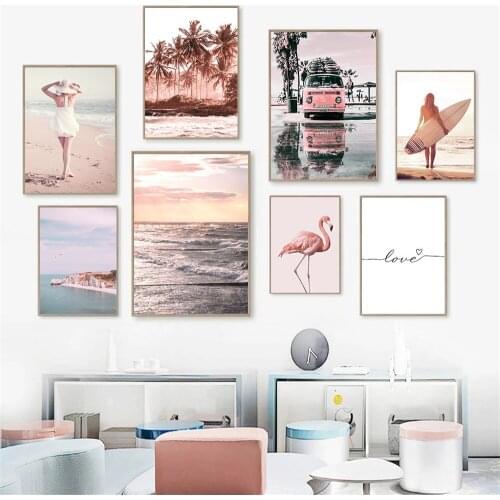 Sea Wave Landscape Wall Art Canvas Poster Beach Girl Print Travel Art Painting Sunset Nordic Wall Pictures For Living Room Decor