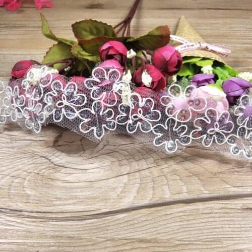 Delicate 9yards White Sequin Cording Flower Venise Venice Mesh Lace Trim Applique Sewing Craft for Wedding Dec. 4.5cm