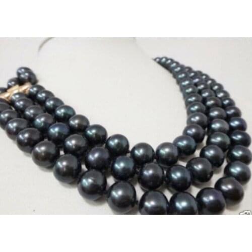 Charming 3 Row 9-10MM NATURAL TAHITIAN BLACK PEARL NECKLACE 17-19"