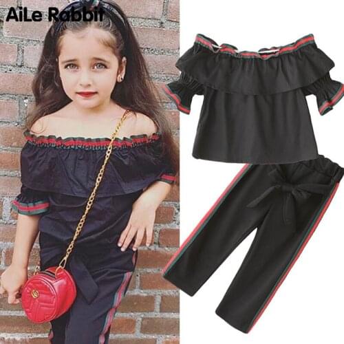 AiLe Rabbit 2019 new arrival girl INS suit word collar shirt pants 2 piece suit fashion casual childrens Top Two-piece Set