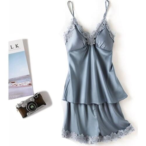 Embroidery pajamas for woman Silk Sexy Pijamas Women Satin Pyjama Femmal V Neck Home Suit Top&Shorts Sleepwear dropshipping