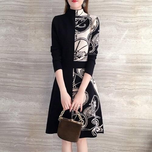 Plus Size Knitted Sweater Dress Women Autumn Winter Fashion Luxury Half Turtleneck Jacquard A Line Knitted Dresses Vestidos