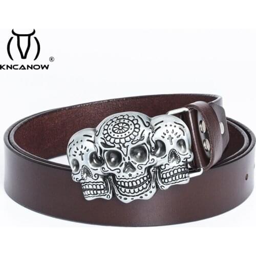 Fashion Men Cow Leather Belts Metal Buckle Retro Devil Skull Bold Hip Hop Street Dance Strap Exaggerated Shape Free Shipping