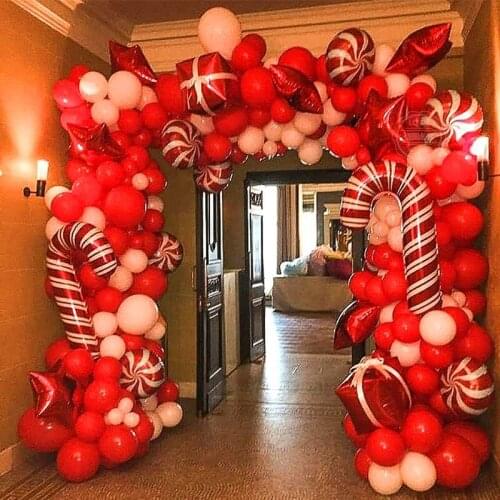 Christmas Balloon Garland Arch kit 144 Pieces with Christmas Red White Candy Balloons Gift Box Balloons Red Star Balloons