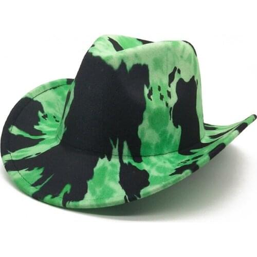 Tie dye Green Fedora Hats Pattern Cowboy Hat With Rolled Brim Western Jazz Felt Hat Women Vintage Panama Wholesale