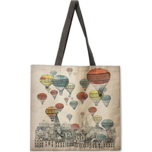 City and Hot Air Balloon Print Tote Bag Ladies Casual Tote Ladies Shoulder Bag Foldable Shopping Bag Outdoor Bag Beach Tote Bag