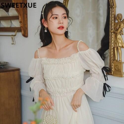 SWEETXUE Vintage Elegant French Romantic Fairy Party Dress Sexy Slash Neck Beaded Mesh Chiffon Patchwork Bow Cute Kawaii Vestido