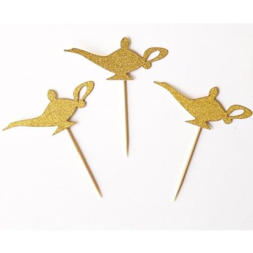 Cupcake toppers, Jasmine Lamp, Set of 24 Gold Glitter party decor, table decorations, birthday party toppers