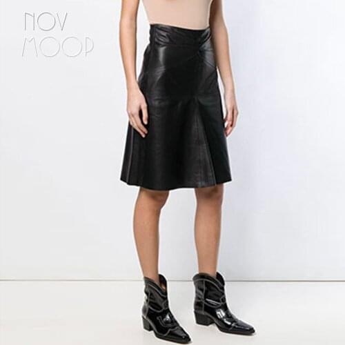 Novmoop Spanish pleated design black avocado green color high waist A-line sheepskin genuine leather skirt spodnica LT3047
