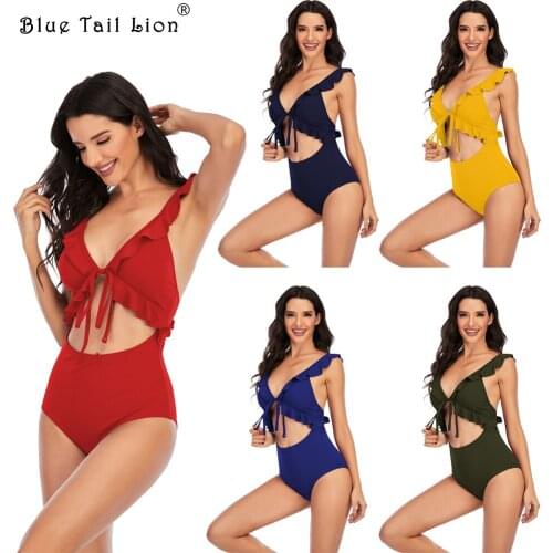 Swimsuit woman 2021 European and American New Bikini Solid color Fly Edge Hollow-out Tie Multi-color One-piece Swimsuit Woman