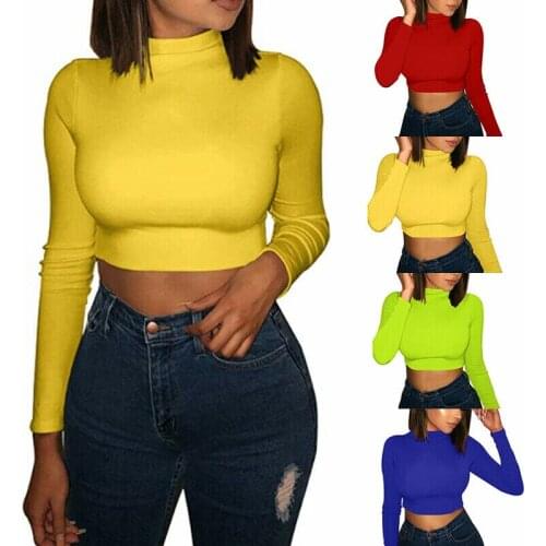 Women Sexy Long Sleeve Slim Fit Bodycon Crop Top T-Shirt Tee Female Solid Color Causal Basic Top Tee Outfits