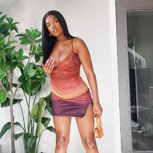 Summer sexy lace split V-neck contrast color print suspender temperament slim dress