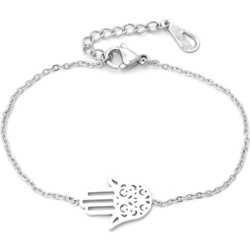Trendy Hamsa Symbol Hand Filigree Gold & Silver Color Stainless Steel Chain Bracelets For Women Jewelry 16.5cm Long 1 PC