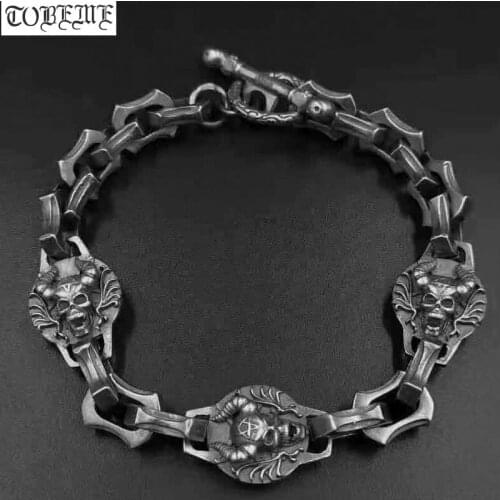 100% 925 Siilver Skeleton Bracelet 925 Sterling Skull Man Bracelet Vintage Thai Silver Punk Jewelry Bracelet