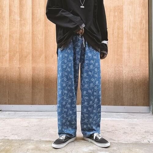 2021 Mens Cargo Pocket Wide Leg Pants Baggy Homme Loose Jeans Printing Casual Pants Biker Denim Trousers Large Size M-5XL