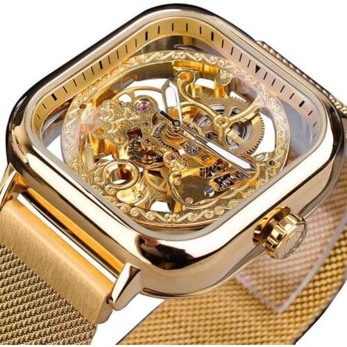 Men Mechanical Watches Automatic Self-Wind Golden Transparent Fashion Mesh Steel Wristwatch Skeleton Clock Relogio Masculino