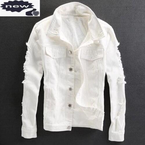 White Slim Fit Mens Jeans High Quality Classic Hole Ripped Motorcycle Jacket Men Single Breasted Cotton Homme Coats