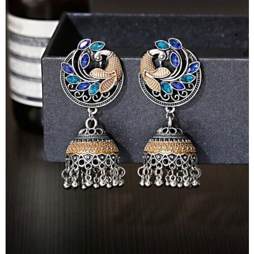 Ethnic Womens Blue Peacock Earrings Turkey Bijoux Vintage Bollywood Silver Color Bell Tassel Earrings Tribe Indian Jewelry