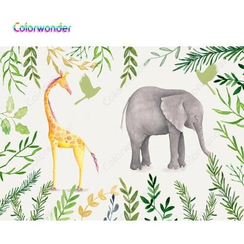 Colorwonder Water Color Photo Background Cartoon Elephant and Giraffe with Green Leaves and Birds 7x5ft Animal World Backdrop