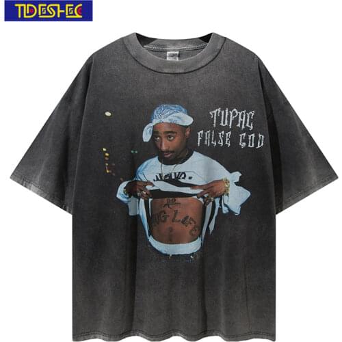 2021 Men Hip Hop Rap 2pac Graphic Print T Shirt Summer Casual Short Sleeve T-Shirts Tops Fashion Tshirts Streetwear Black Tee