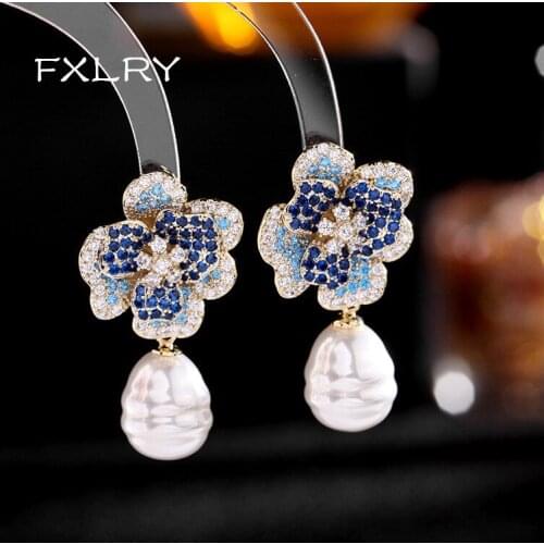 FXLRY Luxury Copper Inlaid Colorful Zircon Pearl Three-Dimensional Flower Earrings For Women Wedding Jewelry