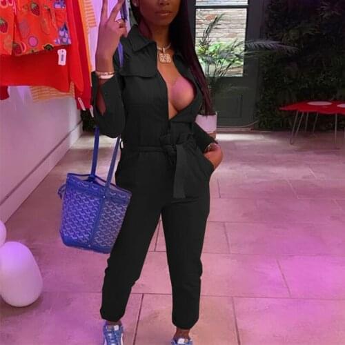 Women Jumpsuit Long Sleeve Zipper Front Solid Color Belt Lapel High Street Casual Cargo Pants 2021 Fall