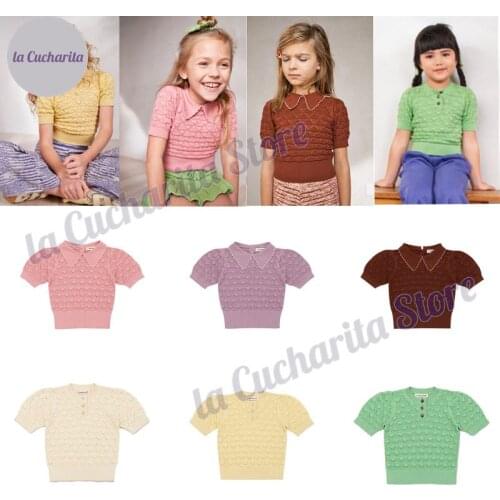 Summer Girls Knitted Tops Shirt Misha Brand Vintage 2021 Toddler Puff Short Sleeve Knitwear Solid Color Blouse Clothes Children