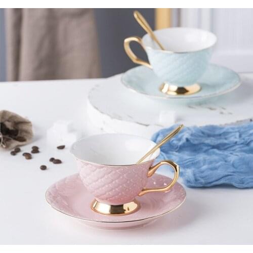 Elegant European Luxury Gold Border Phnom Penh Bone China Ceramic Coffee Cup Afternoon Tea Cup with Spoon Set
