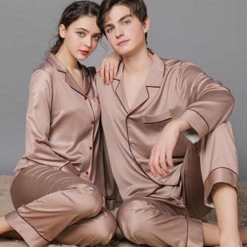 Solid Silk Couples Pajamas Set Long Sleeve Soft Cosy Pajama Women Loose Oversized Men Sleepwear Nightgown Spring Home Clothing