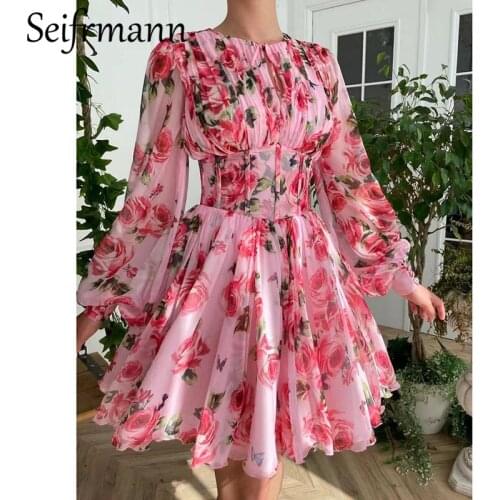 Seifrmann New 2021 Autumn Women Fashion Designer Party Mini Dress Lantern Sleeve High Waist Rose Floral Printed Mesh Dresses