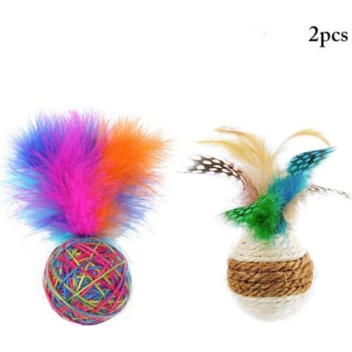 Dorakitten 2Pcs/Set Bite-Resistant Sisal Cat Balls Artificial Feather Decor Cat Toys Cat Chew Toys Pet Supplies Cat Favors
