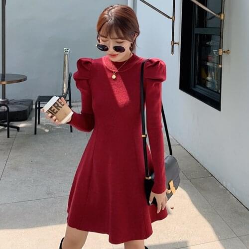 Korean Puff Sleeve Sweater Dress Women Autumn Winter A-line Knitted Dress Elegant Mini Dress Female Vestidos
