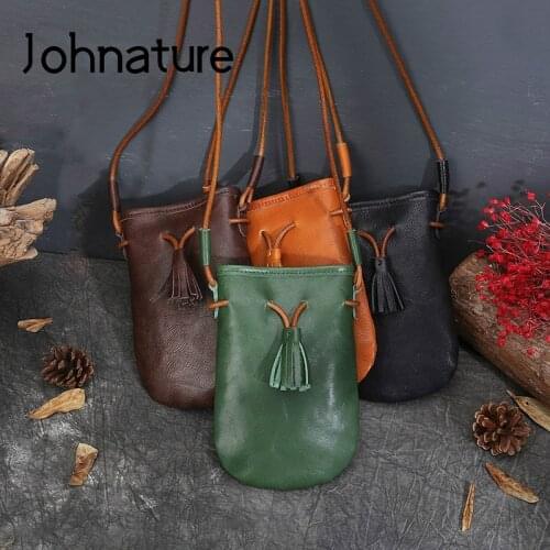 Johnature 2020 New Women Shoulder Bags Retro Genuine Leather Mobile Phone Bag Solid Color First Layer Cowhide Ladies Mini Bags