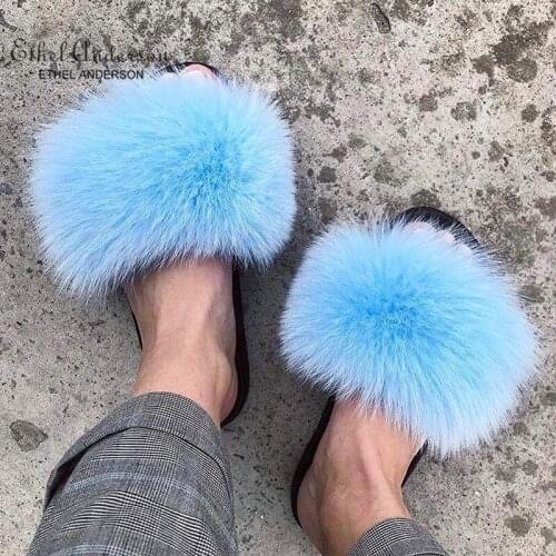 Womens Furry Slippers Ladies Real Plush Fox Raccoon Hair Slippers Good Quality Slide On Indoor Outdoor Slippers